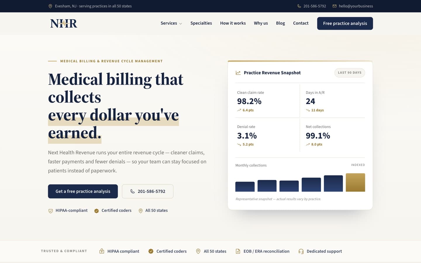 Homepage of a medical billing company, shown on desktop and phone